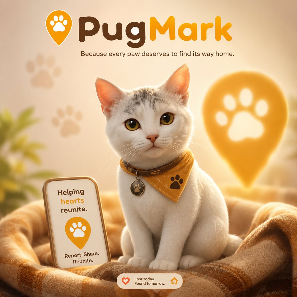 Pugmark poster: a white cat in an amber bandana beside a phone reading “Helping hearts reunite”.